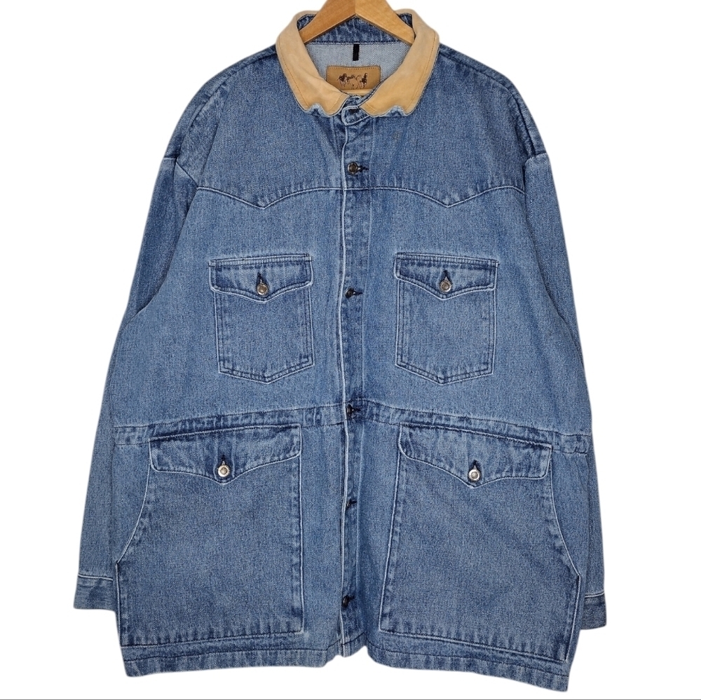 Schaefer Outfitter Men's Blue Denim Collar Leather Oversized Barn Jacket Sz 2XL